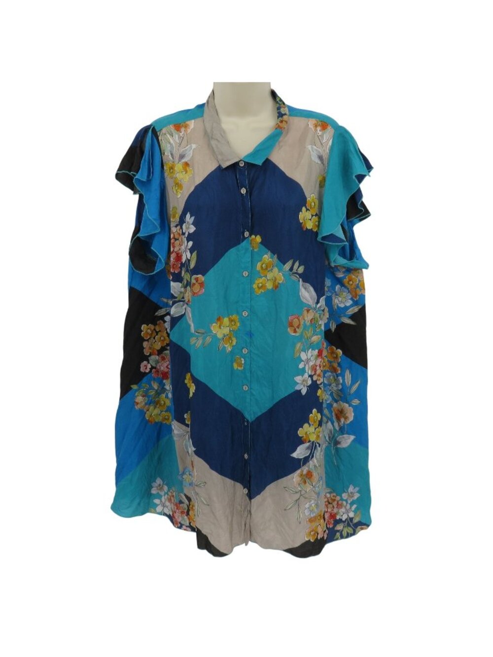 Johnny Was Womens Plus Size 1X NMC12599A-4X Blue Floral Silk Blouse Top Shirt